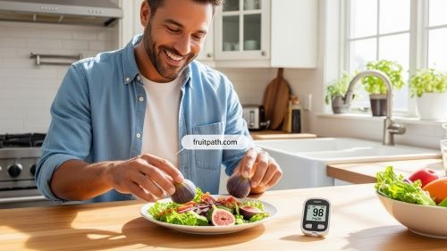 A man with diabetes adding fresh figs to his lunch while checking stable blood sugar levels.