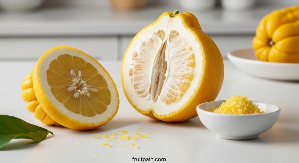 Buddha’s Hand citrus fruit cut open showing edible yellow peel and soft white pith used for flavor