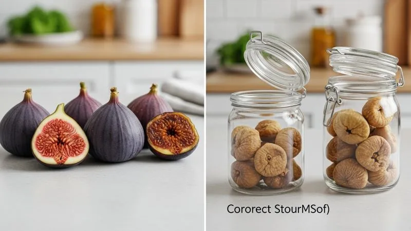 “Fresh figs versus poor-quality figs and correct versus incorrect storage to prevent dried figs from spoiling at home.”
