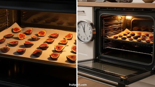 “Pros and cons of drying figs in the oven at home showing evenly dried figs on a baking tray and the long drying time.”