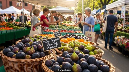 Fresh ripe figs for sale at a summer farmers market in July and August, showing the best time to buy fresh figs in America.