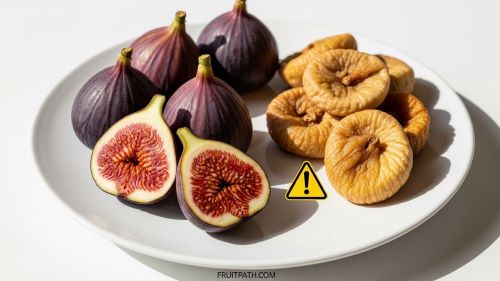Fresh and dried figs with a warning symbol showing possible risks like high sugar, allergies, or digestive issues.