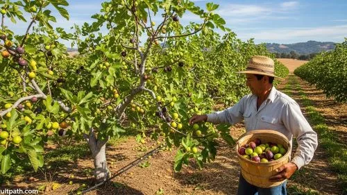 California fig orchard during summer harvest with farmer picking ripe figs.