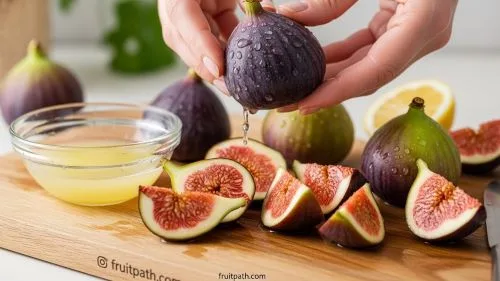 “Fresh figs being washed, sliced, and dipped in lemon juice to preserve color for drying at home.”