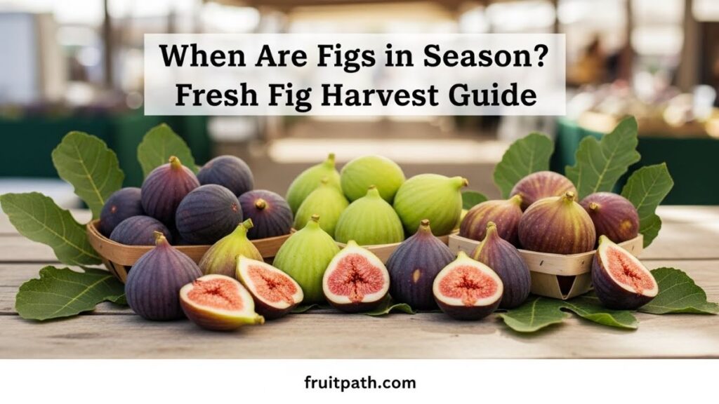 Fresh ripe figs in shades of purple and green displayed on a rustic table at a sunny farmers’ market, showing peak fig season harvest.