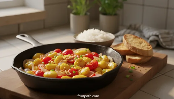Ackee and tomato stir-fry made with ripe ackee fruit, onions, garlic, and tomatoes served with rice