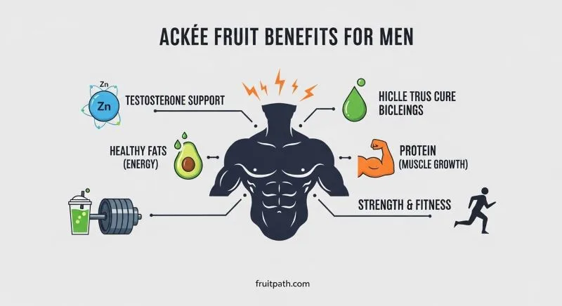 Ackee fruit benefits for men showing zinc for testosterone, protein for muscle growth, and healthy fats for long-lasting energy