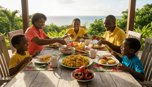 Ackee fruit cultural significance in Jamaica shown through traditional ackee and saltfish family meal