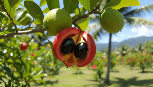 Ackee fruit growing on the ackee tree showing ripe pod opened naturally with yellow arils and black seeds