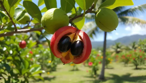 Ackee fruit growing on the ackee tree showing ripe pod opened naturally with yellow arils and black seeds