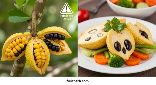 Ackee fruit showing ripe and unripe ackee, cooked ackee dish, and highlighting health benefits and safety risks