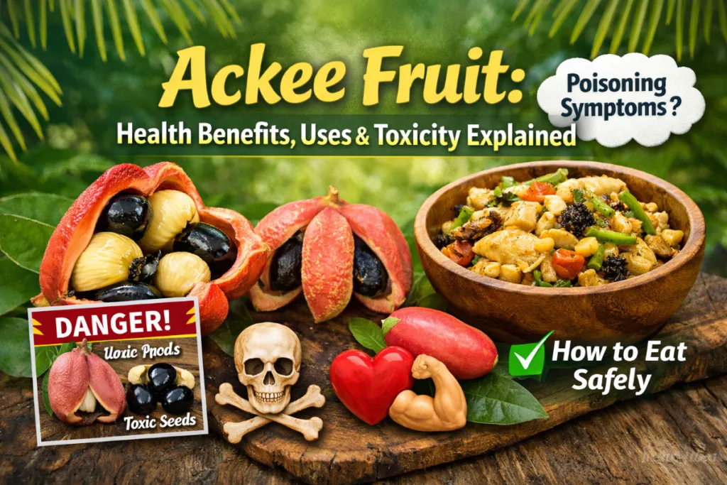 Ackee fruit showing ripe ackee pods, toxic seeds, and cooked ackee dish explaining health benefits, uses, and toxicity