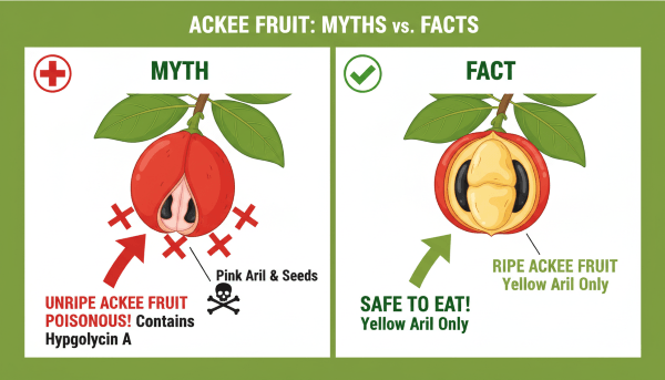 Ackee fruit myths and facts showing poisonous unripe ackee parts and safe ripe yellow arils