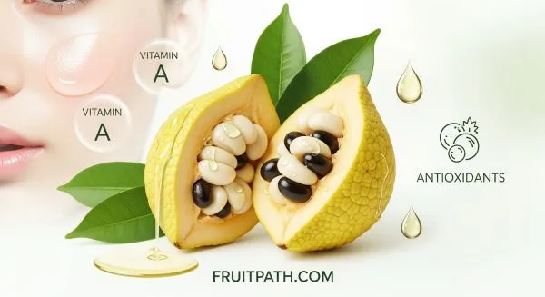 Ackee fruit skin benefits showing vitamin A for smooth skin, antioxidants for anti-aging, and natural oils for moisture