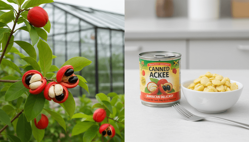 Ackee fruit tree with naturally opened pods and safe canned ackee fruit for easy consumption
