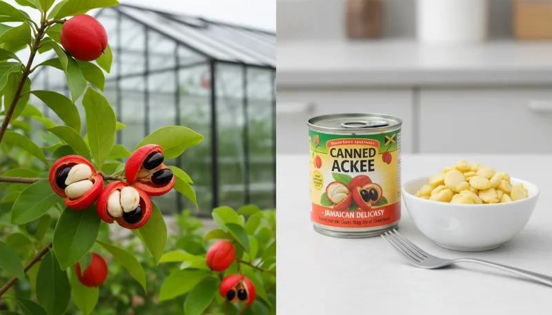 Ackee fruit tree with naturally opened pods and safe canned ackee fruit for easy consumption
