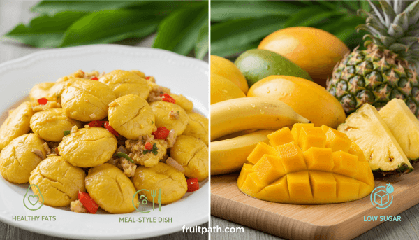 Ackee fruit compared with mango, banana, and pineapple showing its savory taste, high healthy fats, and low sugar