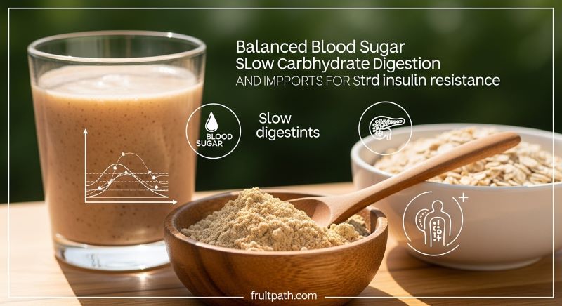"Baobab powder in a wooden bowl with smoothie and oatmeal nearby, showing slow carbohydrate digestion, stable blood sugar, and improved insulin respons