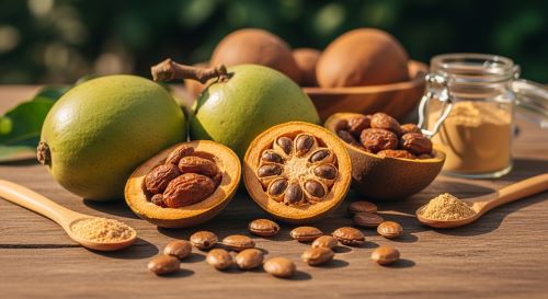 Fresh and dried baobab fruits on a wooden table, with some cut open showing the powdery pulp, seeds scattered around, a jar of baobab powder, and a wooden spoon, set against a blurred green background."