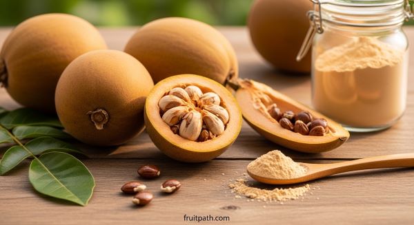 "Baobab fruits and powder on a wooden table, with some fruits cut open to reveal pulp, seeds scattered, and a jar of baobab powder, set against blurred green background.