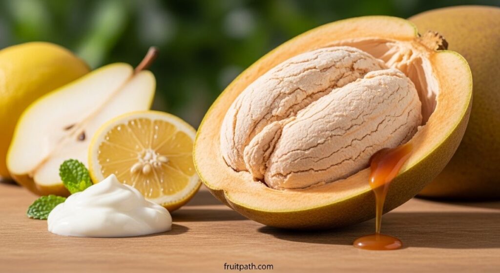 Cut-open baobab fruit on a wooden table with yogurt, lemon slice, pear, and caramel drizzle nearby, highlighting the fruit's tangy, yogurt-like flavor with light caramel undertones