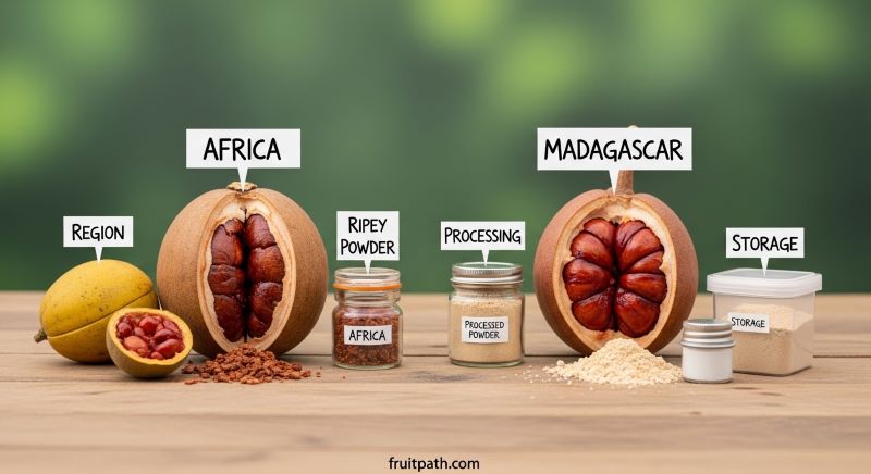 Baobab fruits from Africa and Madagascar on a wooden table with ripe and less ripe fruits, a jar of powder, and storage container, showing how region, ripeness, processing, and storage affect taste."