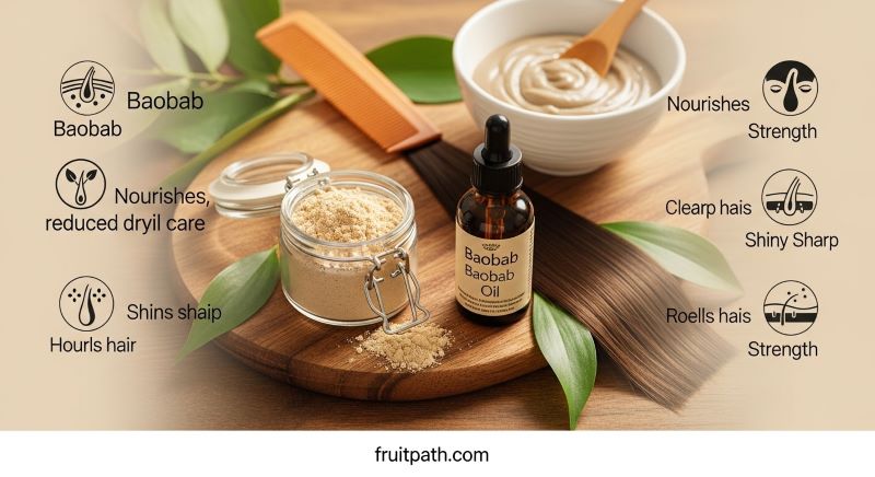 Baobab powder and oil with haircare items and hair mask bowl, representing scalp health, strength, shine, and reduced dryness benefits."