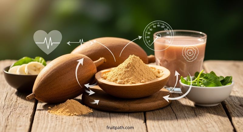 Baobab fruit and powder with smoothie and nutrient-rich foods, representing potassium, magnesium, and fiber benefits for heart health and circulation."