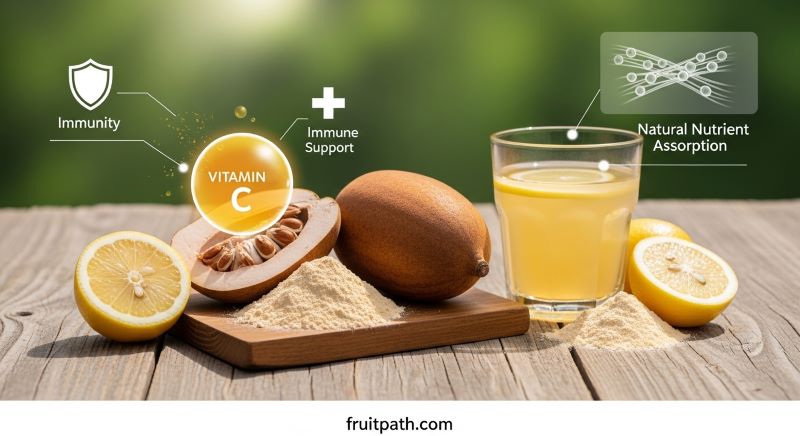 "Baobab fruit, powder, and drink on a wooden table with lemon slices, highlighting vitamin C content and immune system benefits."