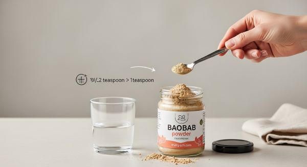 Small teaspoon measuring baobab powder from a jar with a glass of water or smoothie nearby, illustrating starting with a small amount for beginners."