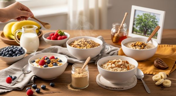 Baobab powder sprinkled over yogurt, oatmeal, cereal, and porridge bowls on a breakfast table.