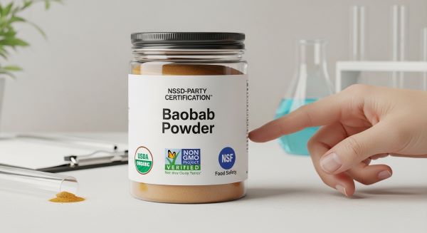 Baobab powder jar with USDA Organic, Non-GMO, and NSF/ISO certification icons, showing food safety and quality assurance
