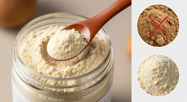 Close-up of light cream baobab powder with fine, slightly grainy texture, showing quality color and consistency.