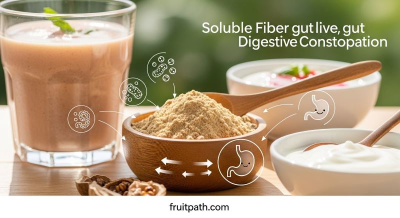 "Baobab powder in a wooden bowl with a wooden spoon, smoothie, and yogurt nearby, with icons representing gut health, digestion, and beneficial bacteria, highlighting its high soluble fiber content."