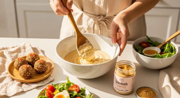 Baobab powder being mixed into pancake or muffin batter, with energy balls and salad dressing nearby, showing easy ways to add nutrients.