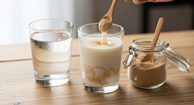 "Baobab powder being mixed into a glass of water and milk with a teaspoon, showing how to prepare a refreshing drink.