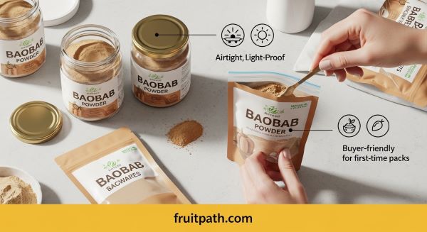 Airtight jars and resealable pouches of baobab powder, illustrating packaging that preserves freshness and nutrients