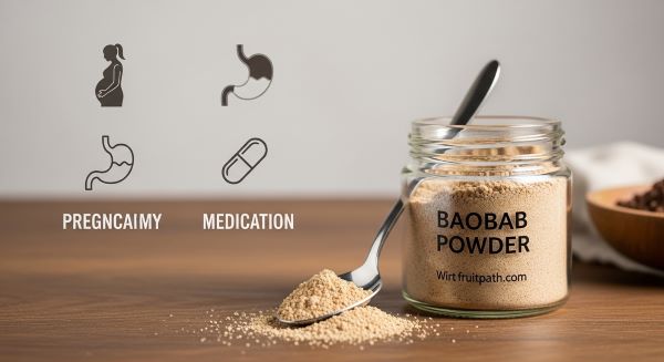 Baobab powder with a teaspoon and caution icons for pregnancy, sensitive stomachs, and medication use