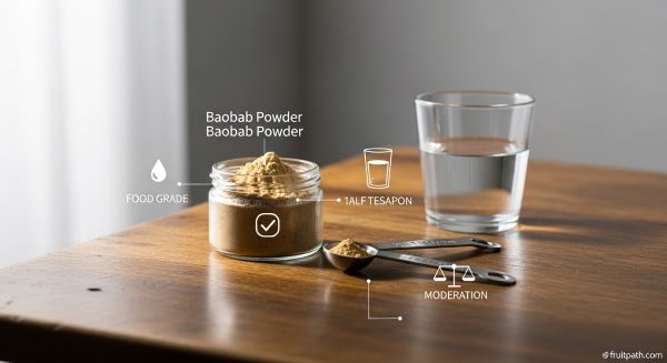 Baobab powder with half and full teaspoons, a glass of water, and icons representing safe usage, moderation, and food-grade quality