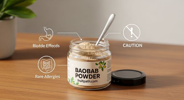 Baobab powder with a teaspoon and icons representing mild digestive side effects and rare allergic reactions.