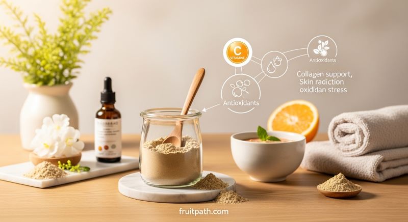 "Baobab powder with smoothie and skincare items, highlighting vitamin C and antioxidant benefits for collagen support and healthy skin."