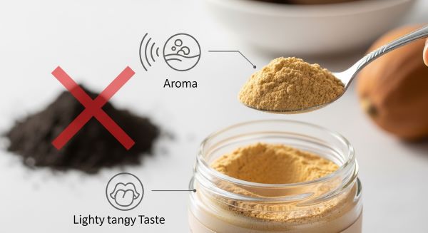 Baobab powder in a jar with a teaspoon, highlighting mild citrus aroma and lightly tangy taste for quality assessment