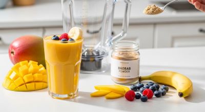 "Baobab powder being added to a fruit smoothie with banana, mango, and berries on a kitchen counter."