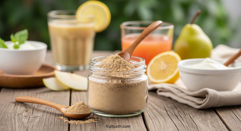 Baobab powder in a glass jar with a wooden spoon, next to a smoothie, juice, and yogurt, showing its smooth, balanced taste and common culinary uses