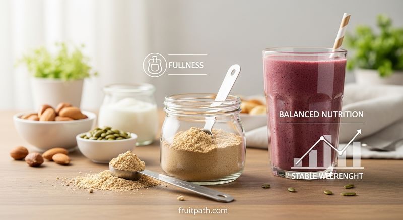 "Baobab powder with measuring teaspoon and smoothie alongside healthy foods, illustrating fiber support for fullness, stable blood sugar, and balanced weight management."