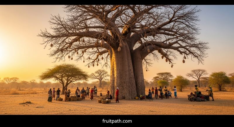 "Large baobab tree in a savanna landscape with people nearby, representing its role as the ‘Tree of Life’ providing food and nourishment."
