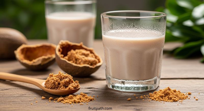 Fresh baobab pulp on a wooden surface with a glass of light tart baobab drink made with water or milk, a small wooden spoon with loose pulp, and blurred green background, showing the fruit’s dry, crumbly texture and refreshing qualities.