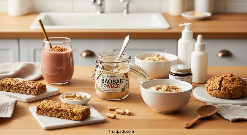 "Baobab powder with smoothie, energy bar, yogurt, capsules, and skincare products, illustrating modern everyday uses of baobab fruit."