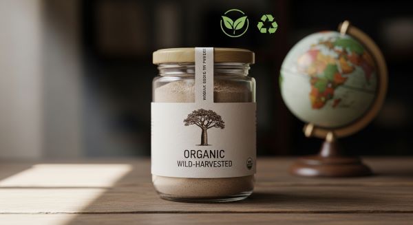 Jar of baobab powder labeled ‘Organic’ and ‘Wild-Harvested’ with icons representing sustainability and African origin