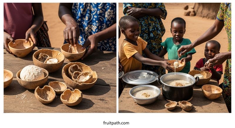 "Baobab fruit pulp being mixed into a drink and added to traditional foods in an African community setting, representing cultural and traditional uses."